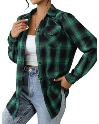 HOTOUCH Women's Long Roll Up Sleeve Cotton Flannels Plaid Shirts Classic Fit Button Down Shirt Bl... | Amazon (US)