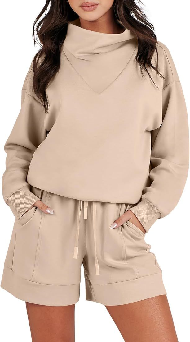 Caracilia Women 2 Piece Outfits Loose Sweatsuits Fashion Cowl Neck Sweatshirts and Sweatshorts Jo... | Amazon (US)