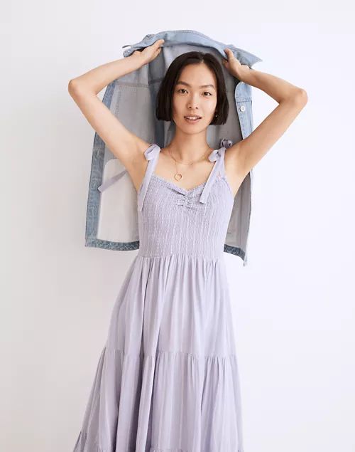 Linen-Blend Lucie Tie-Strap Tiered Midi Dress in Stripe | Madewell