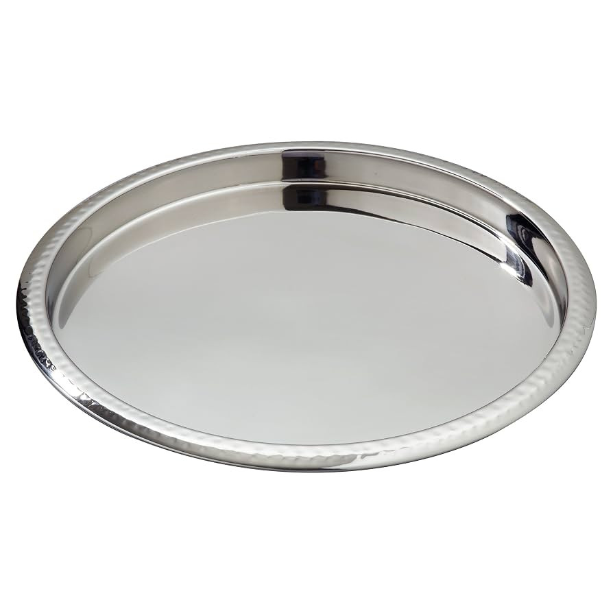 "Elegance Stainless Steel Hammered Rim Bar Tray, 14"" Diameter, Silver" (72554) | Amazon (US)