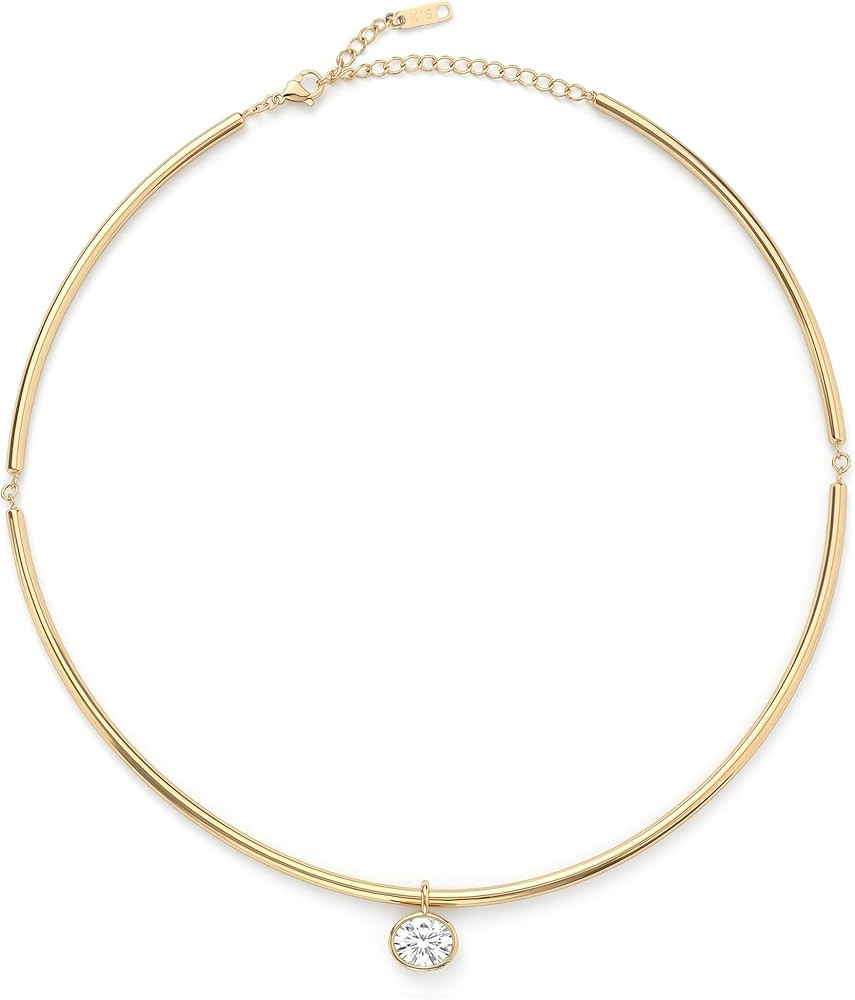 18K Gold Oval Bezel Collar Charm Necklace CZ Pendant Choker Necklaces for Women | Amazon (US)