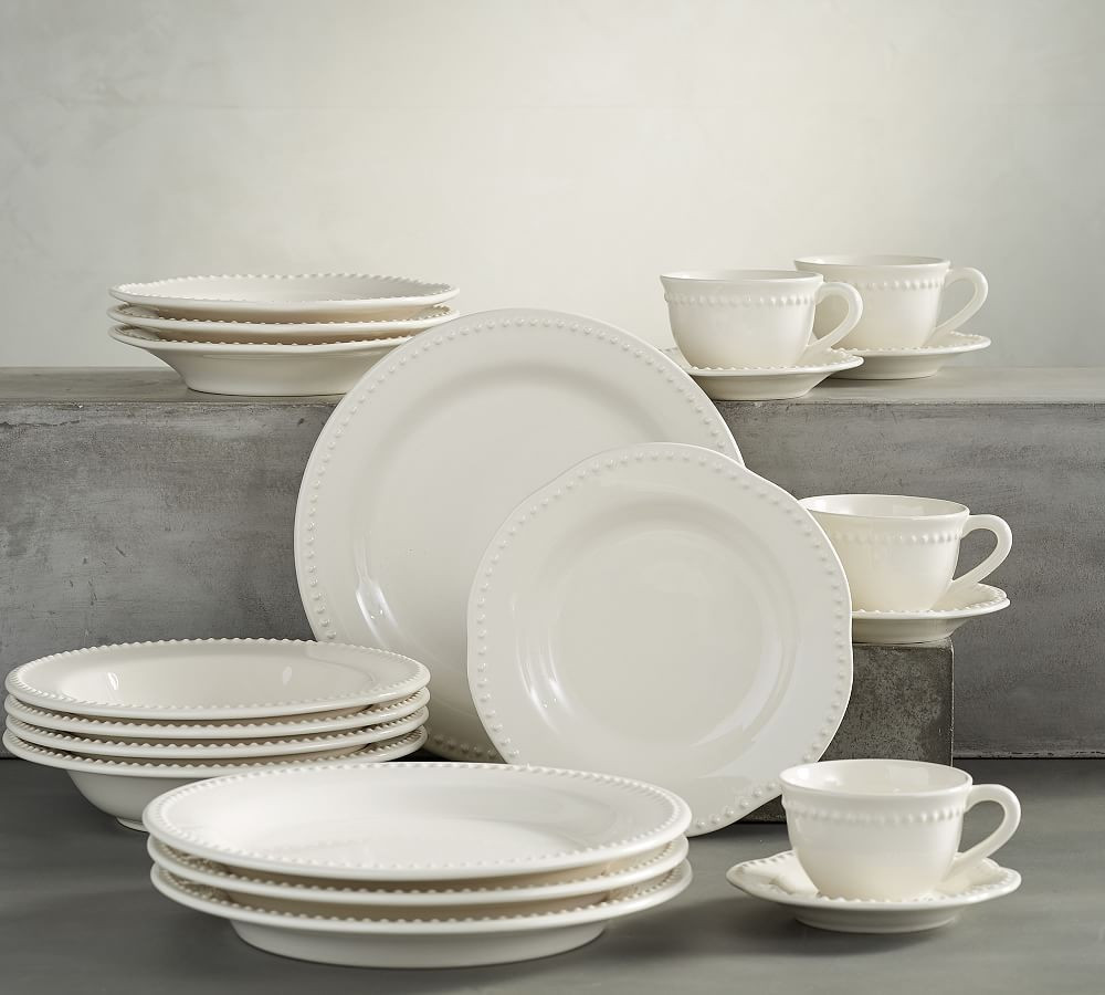 Emma Beaded Stoneware 20-Piece Dinnerware Set, with Cup/Saucer & Soup Bowl - White | Pottery Barn (US)