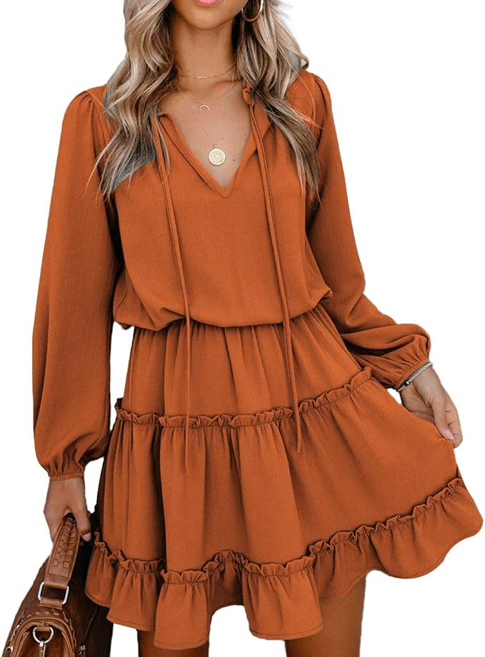 Allimy Women Casual Loose V Neck Ruffled Trimming Dress Chiffon Short Dresses | Amazon (US)