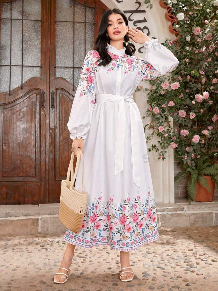 SHEIN Mulvari Vrouwen Bloemenpatroon Lantern mouwen Hemdjurk | SHEIN