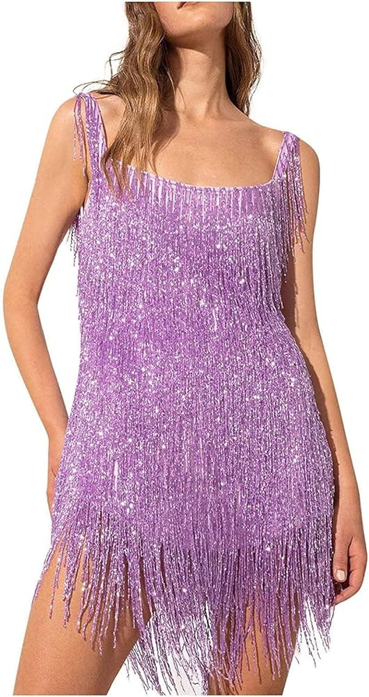Women Sequin Fringe Dress Sling Tassel Hem Sparkly Spaghetti Strap Bodycon Cocktail Evening Party... | Amazon (US)