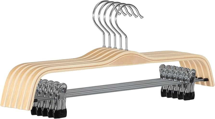 JS Hanger Wooden Pant Hangers, 5-Pack Light Weight Wood Skirt Hangers with Anti-Rust Hook and 2-A... | Amazon (US)
