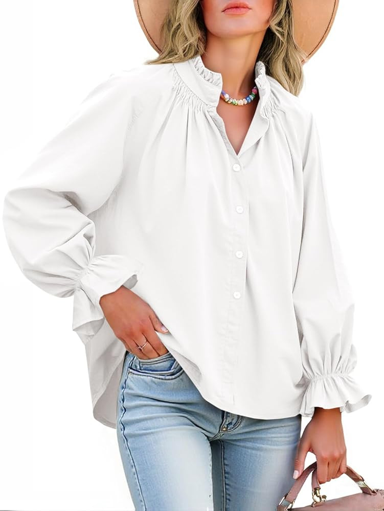 Tankaneo Womens Puff Long Sleeve Button Down Shirts Pleated V Neck Cotton Blouses Loose Fit Casua... | Amazon (US)