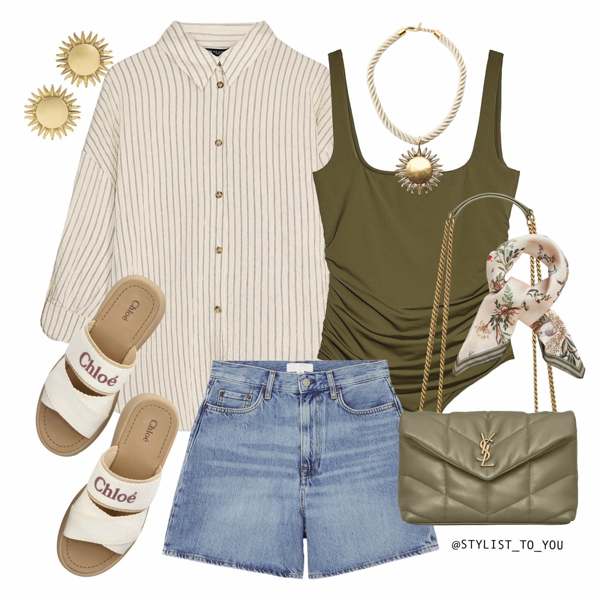 Styling olive for Spring 🫒

This Flat lay outfit is a casual yet elevated summer resort holiday look with an olive green ruched tank bodysuit, high-waisted blue denim shorts, a beige striped shirt, gold accessories, Chloé sandals, a khaki YSL crossbody bag, and a floral scarf. khaki fashion, neutral outfit ideas, capsule wardrobe, effortless chic, casual elegance, street style, summer fashion, spring outfit ideas, Parisian chic, timeless fashion, classic fashion, layered looks, fashion inspiration, outfit inspo, wardrobe essentials, everyday style, modern aesthetic, fashion trends 2025, stylish neutrals, smart casual, chic and comfortable, minimalist wardrobe, elegant outfit ideas, luxe fashion, trendy neutrals, capsule closet, polished casual, soft glam fashion, spring neutrals, relaxed sophistication, designer accessories, beach aesthetic contemporary fashion, casual cool, versatile fashion, classic neutrals, earthy tones, fashion-forward looks, transitional outfits, timeless wardrobe, power dressing, neutral layering, European fashion, elevated casual, relaxed luxury,

#LTKeurope #LTKuk #LTKshoes
