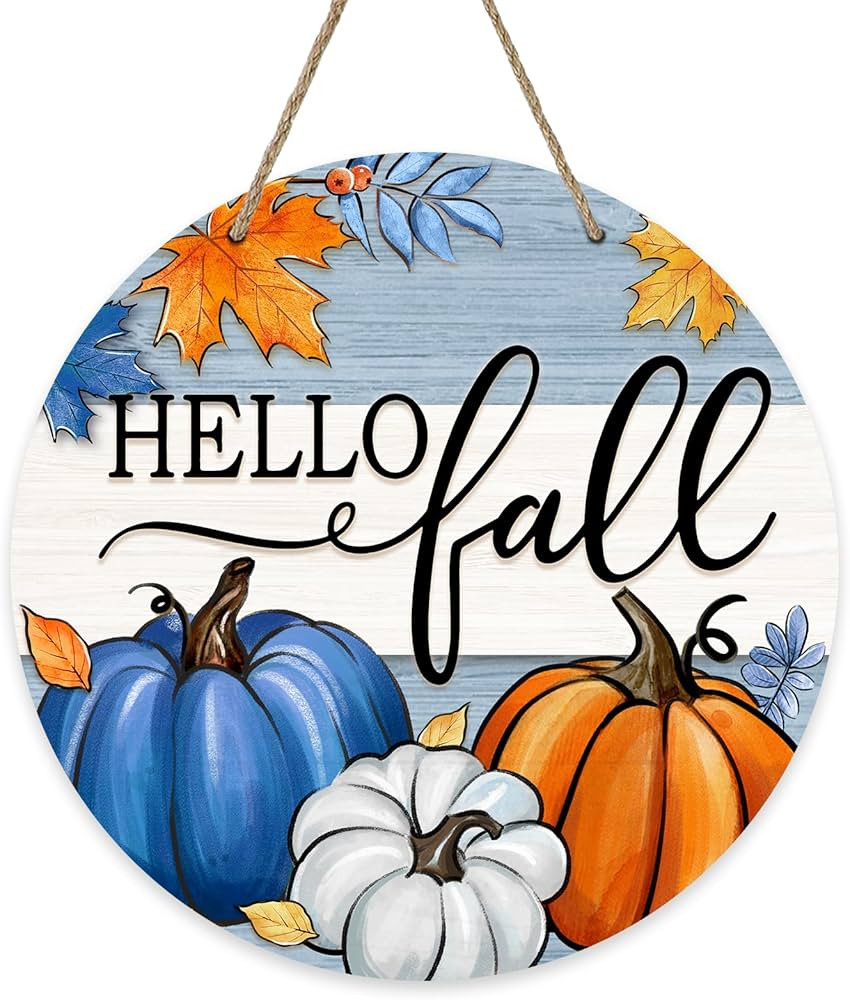 Deroro Hello Fall Blue White Pumpkin Front Door Sign, Autumn Maple Leaves Stripes Wood Door Hange... | Amazon (US)