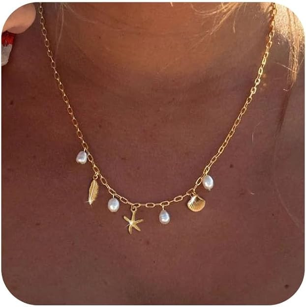 Charm Necklace for Women - Dainty Gold Paperclip Beach Charm Necklace Cute Shell Necklace Moon St... | Amazon (US)