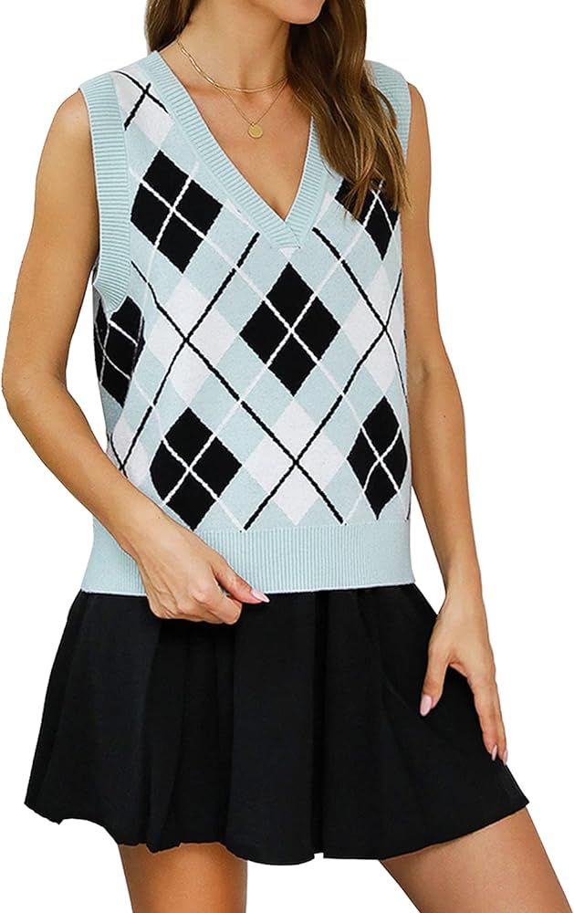 Blooming Jelly Womens Argyle Plaid Sweater Vest V Neck Preppy Style Sweaters Sleeveless Knitwear | Amazon (US)