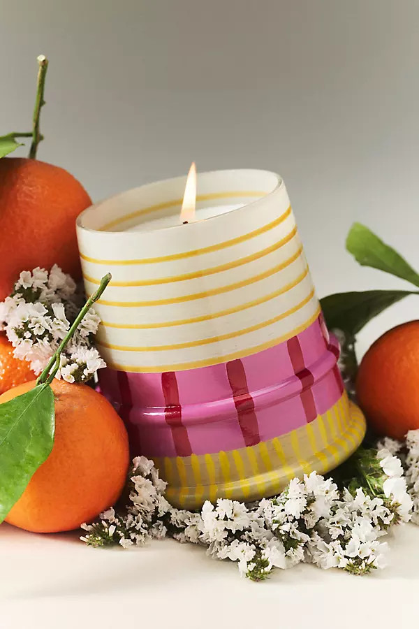 Striped Lighthouse Floral Seaside Flowers & Sandalwood Glass Candle | Anthropologie (US)