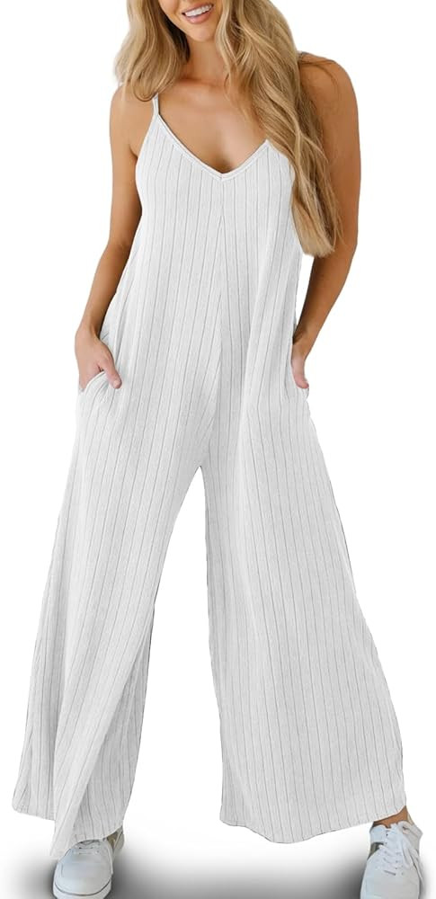 Tongmingyun Women's Casual Summer Overall Jumpsuit Wide Leg Spaghetti Strap Long Pants Romper wit... | Amazon (US)