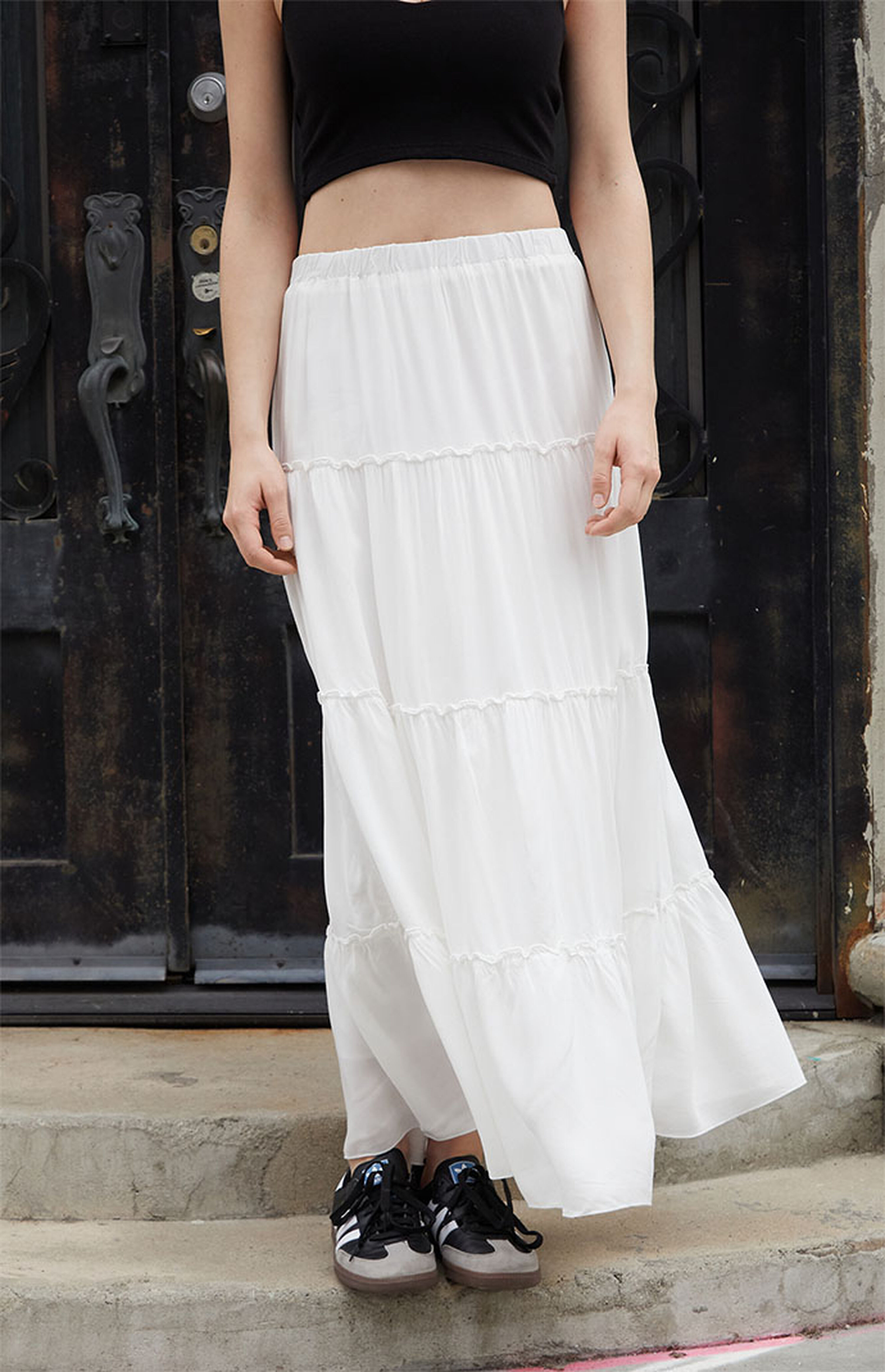 John Galt White Izzy Tiered Maxi Skirt | PacSun