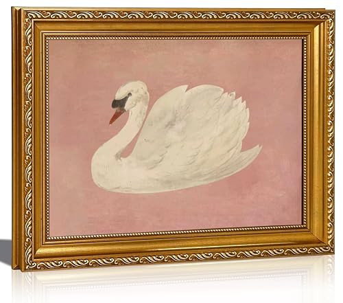 Vintage Gold Framed Wall Art Classical Pink Swan Canvas Wall Decor Retro Animal picture Elegant Moody Goose Painting Rustic Farmhouse Pink Poster Prints for Bedroom Home Decoration 12x16in | Amazon (US)