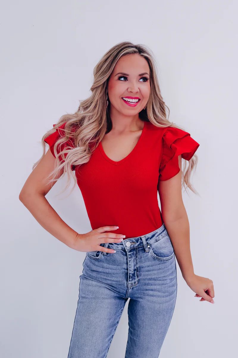 Amore Ruffle Sleeve Bodysuit - Red | Whiskey Darling Boutique