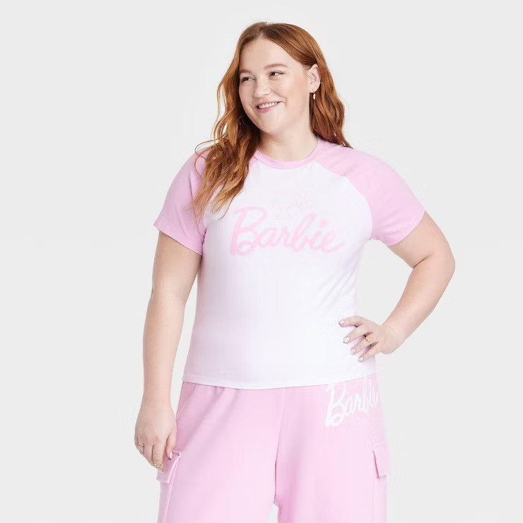 Women's Barbie Short Sleeve Graphic Baby T-Shirt - White Color Block | Target