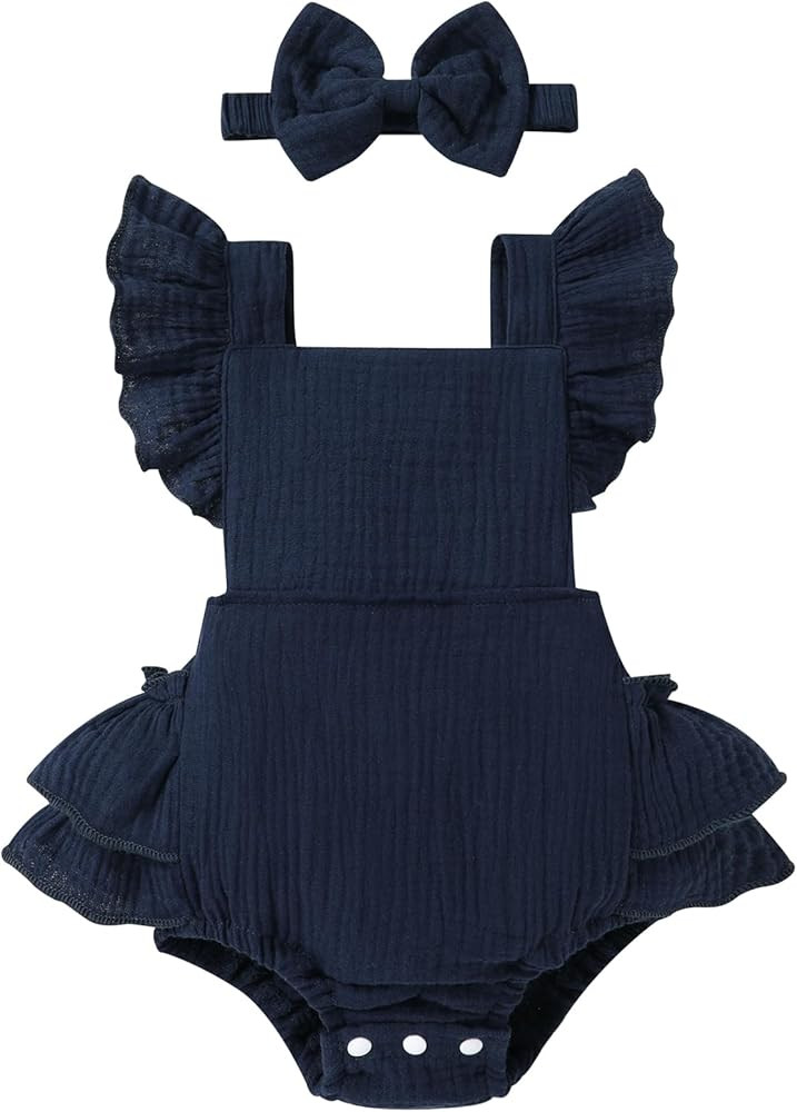 Happy Town Baby Girl Clothes Toddler Summer Linen Romper Sleeveless Ruffle Outfits Infant Girls J... | Amazon (US)