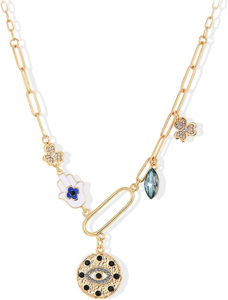 JAVARNV Charm Necklace for Women Trendy Gold Charm Necklace Paperclip Necklace Evil Eye Pendant N... | Amazon (US)