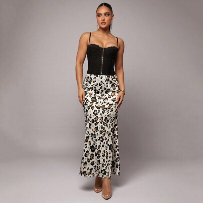 Women's Elegant Satin Leopard Print Maxi Skirt, Suitable For Commuting, Office, Daily Wear, Party, Ball, Work Skirts, Gathering, Spring & All Seasons, | SHEIN