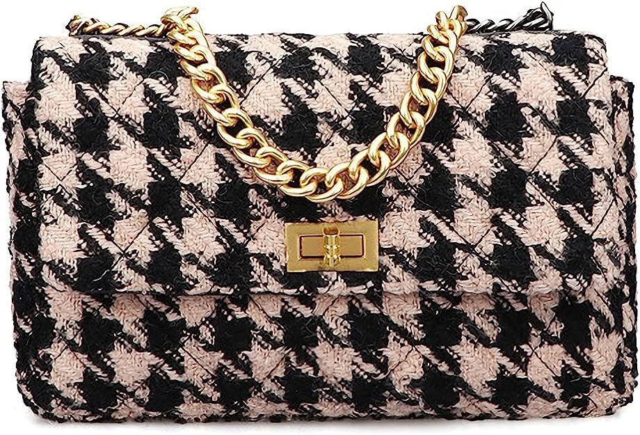 PU Leather Black And White Houndstooth Ladies Shoulder Bag Autumn And Winter Fashion Woolen Cloth... | Amazon (US)