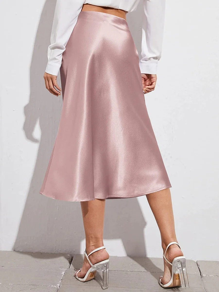 Womens Midi Skirt High Waisted Solid Satin Dress Zipper Elegant Work Skirts - Zeagoo (Us Only) | Zeagoo