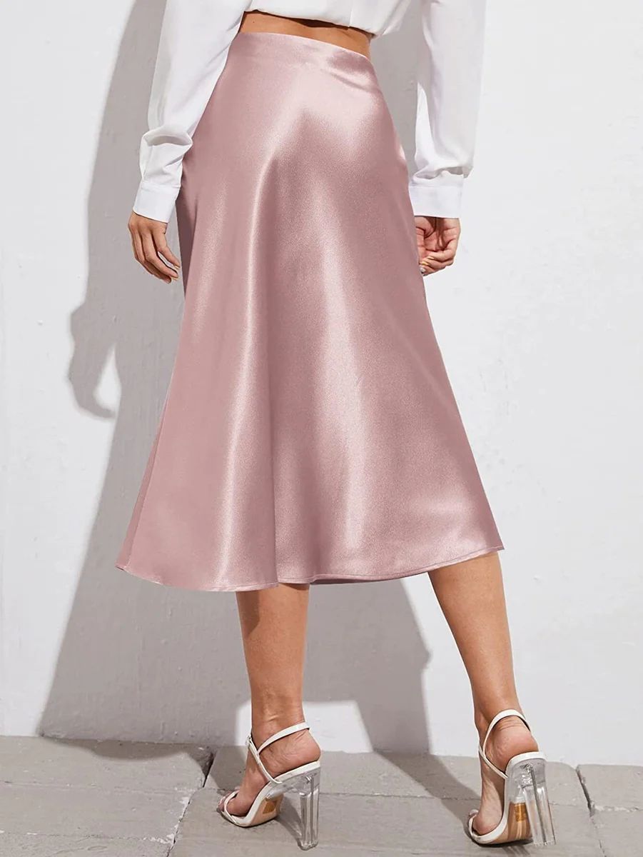 Womens Midi Skirt High Waisted Solid Satin Dress Zipper Elegant Work Skirts - Zeagoo (Us Only) | Zeagoo