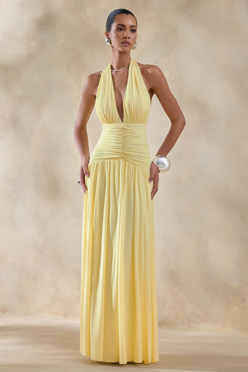 Bettina  Lemon Plunge-Neck Maxi Dress With Gathered-Detailing | Club L London