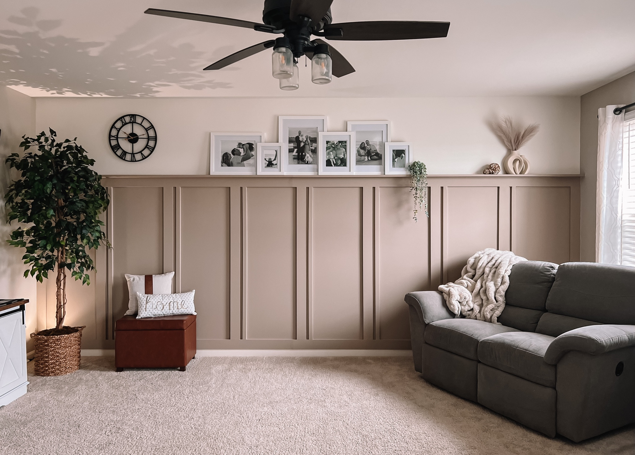 Neutral living room / beige accent wall / white picture frames / metal clock / faux eucalyptus plant / artificial greenery / pampas grass vase / white ceramic vase / artsy ceramic vase / cognac bench / brown faux leather bench / fake tree / Amazon home / decorative pillow case / accent pillow / neutral aesthetic / neutral home

#LTKunder50 #LTKunder100 #LTKhome