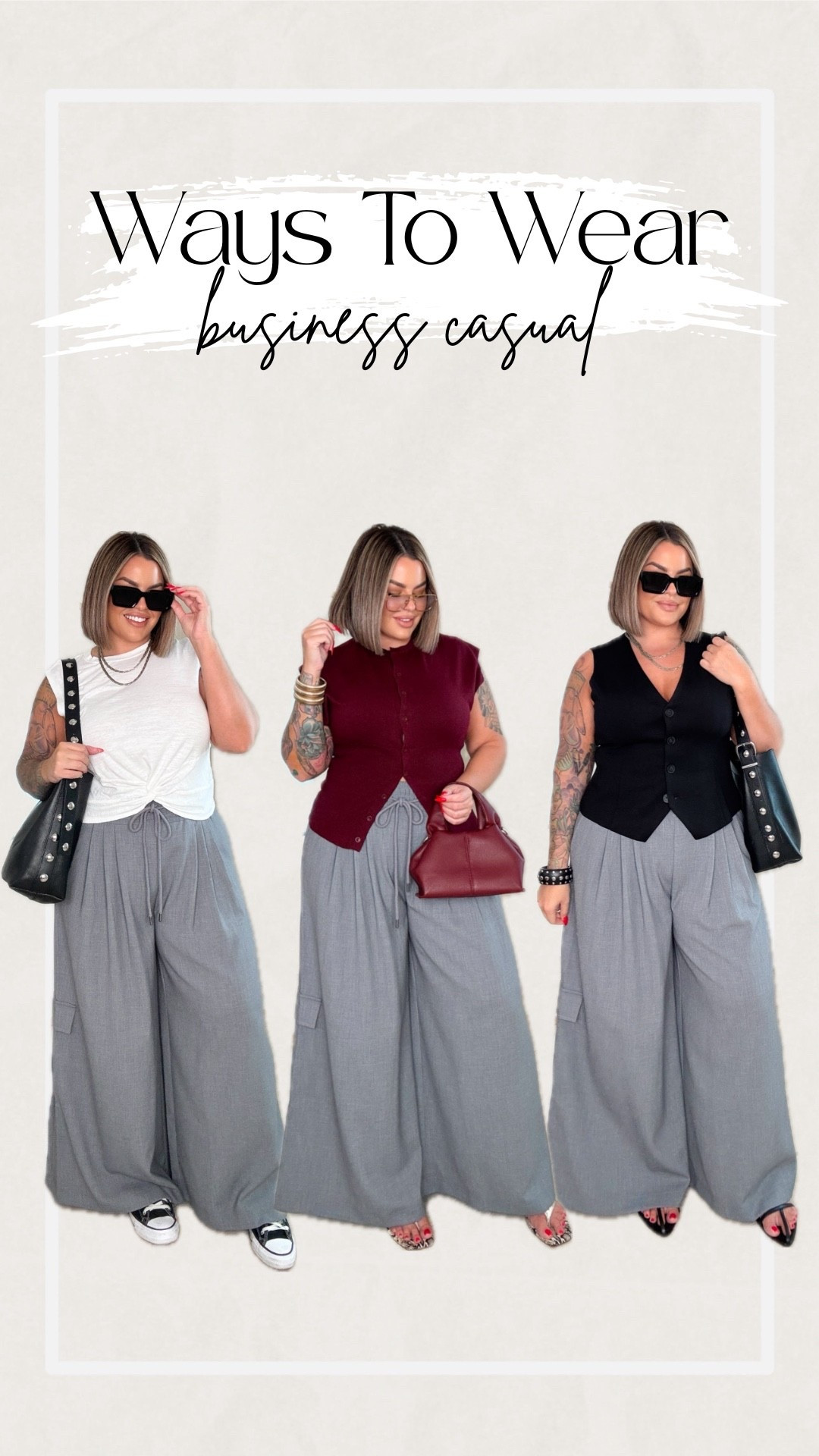 Business casual outfit ideas 

White tee L 
Burgundy top L 
Black vest top xl 
Pants L reg length but they come in tall as well.