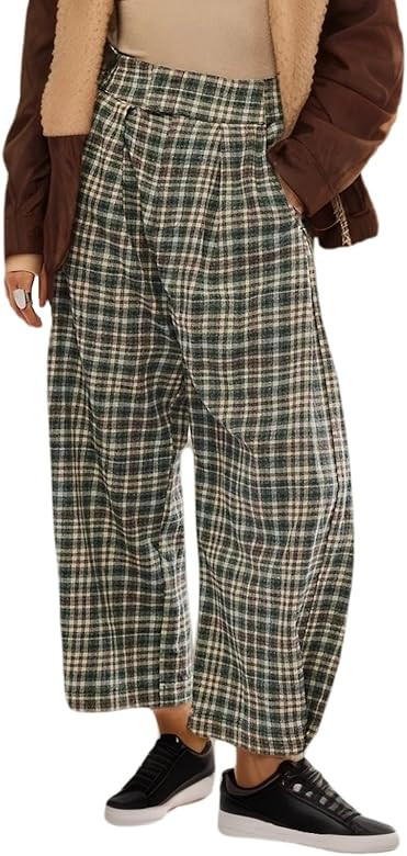 Plaid Wide Leg Pants Woman Loose Mid Rise Baggy Pant Christmas Casual Barrel Trousers with Pocket... | Amazon (US)