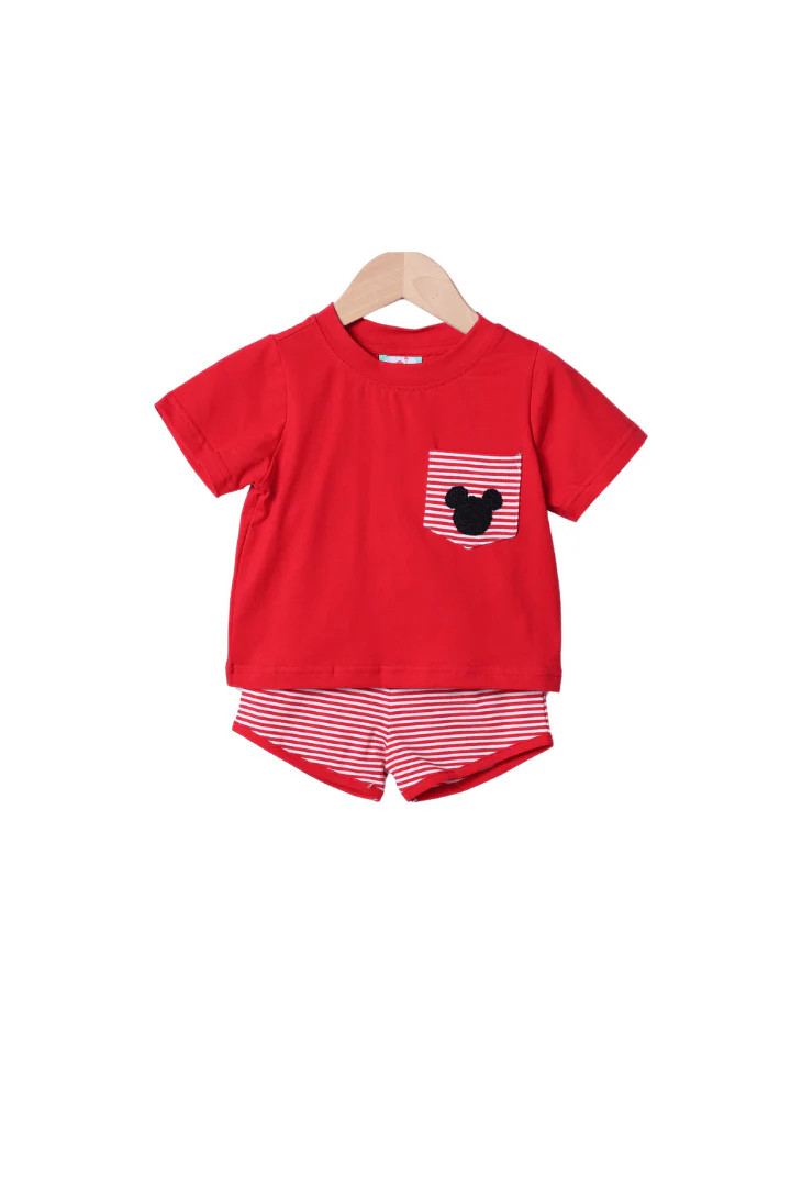 French Knot Mouse Red/Stripe Knit Short Set | The Smocked Flamingo