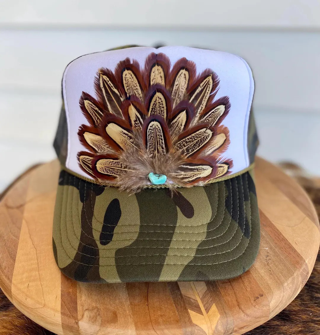 Feather Trucker Hat in Green and Camo, Cowgirl Trucker, Western Trucker, Rodeo, Boho - Etsy | Etsy (US)