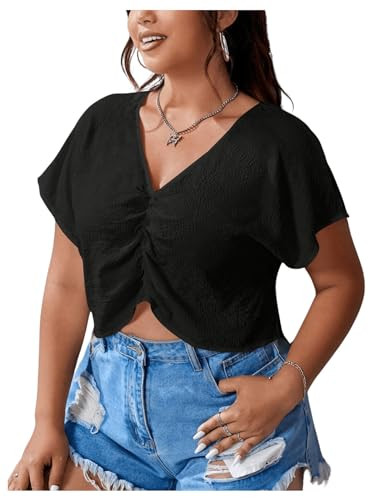 MakeMeChic Women's Plus Size Ruched Front Short Sleeve Shirts Casual V Neck Crop Top Blouse | Amazon (US)