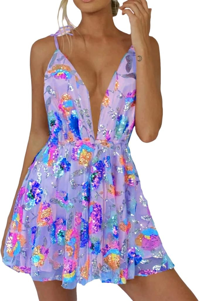 Sequin Mini Dress for Women Spaghetti Strap V Neck Lace Bodycon Dresses Colorful Cocktail Dresses... | Amazon (US)