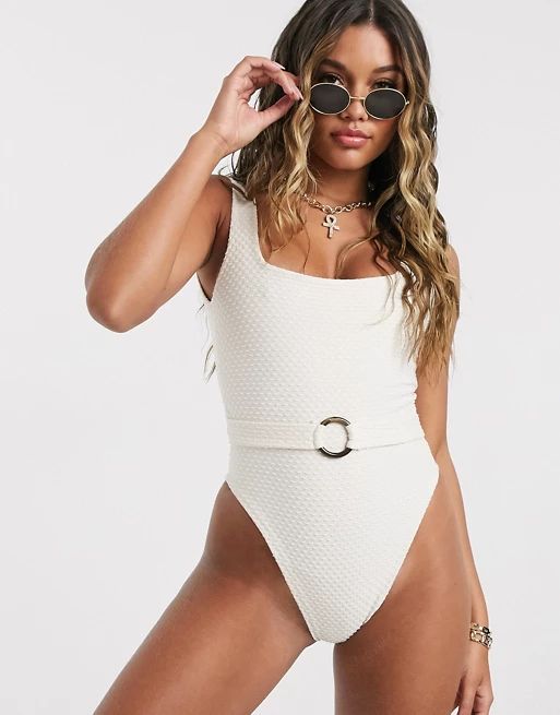 PrettyLittleThing square neck swimsuit with tortoise shell buckle in cream | ASOS AU