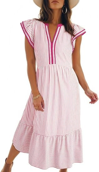 Dokotoo Midi Dresses for Women 2026 Summer Fashion V-Neck Ruffle Cap Sleeve Empire Waist Striped ... | Amazon (US)