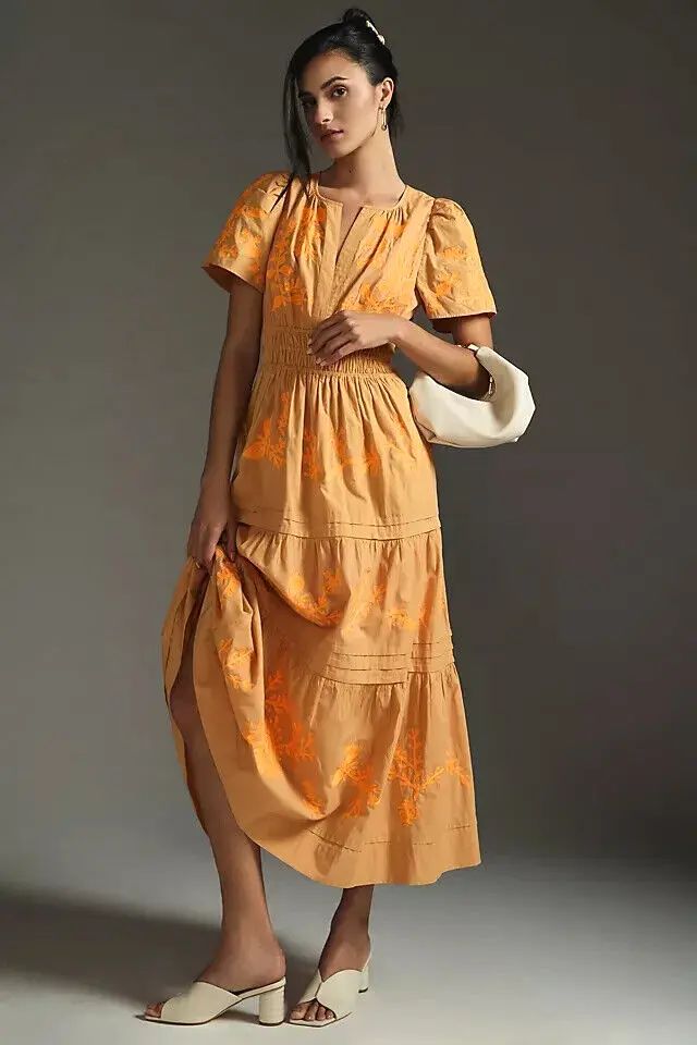Anthropologie Somerset Embroidered Maxi Dress Tiered Orange Size Large NEW | eBay US
