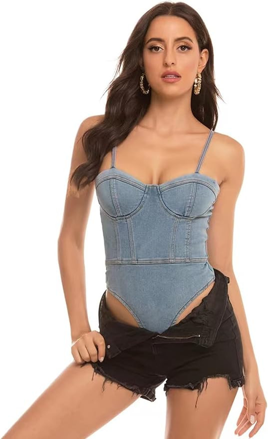 Women's Denim Sleeveless Stretch Snap Crotch Skinny Cami Bodysuit Corset Top Bustier | Amazon (US)
