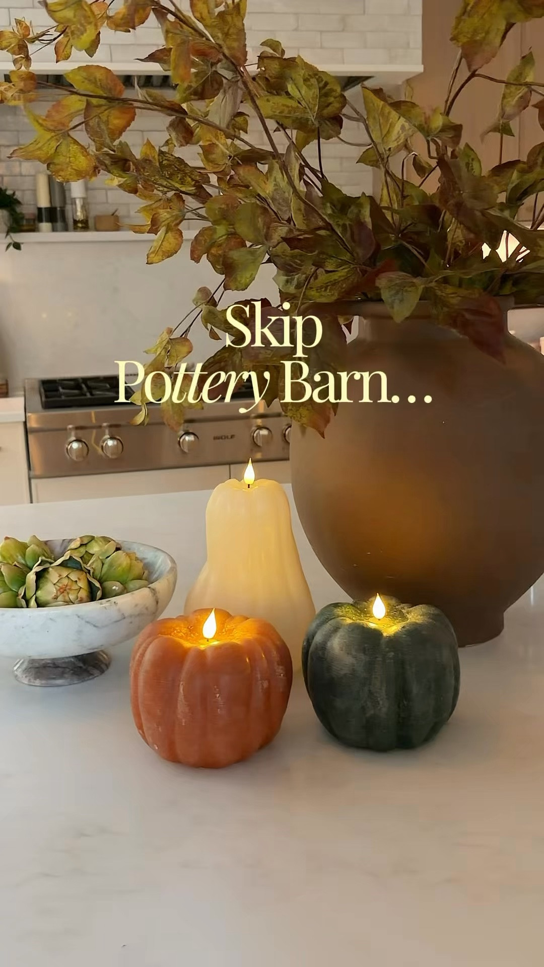 type CANDLE or tap 🛒 bottom left corner to shop

The easiest way to add a little autumn to your home 🍂 These have that designer look for WAY less and come in a set of three. The outer wax shell makes them look SO realistic, especially when they’re glowing.