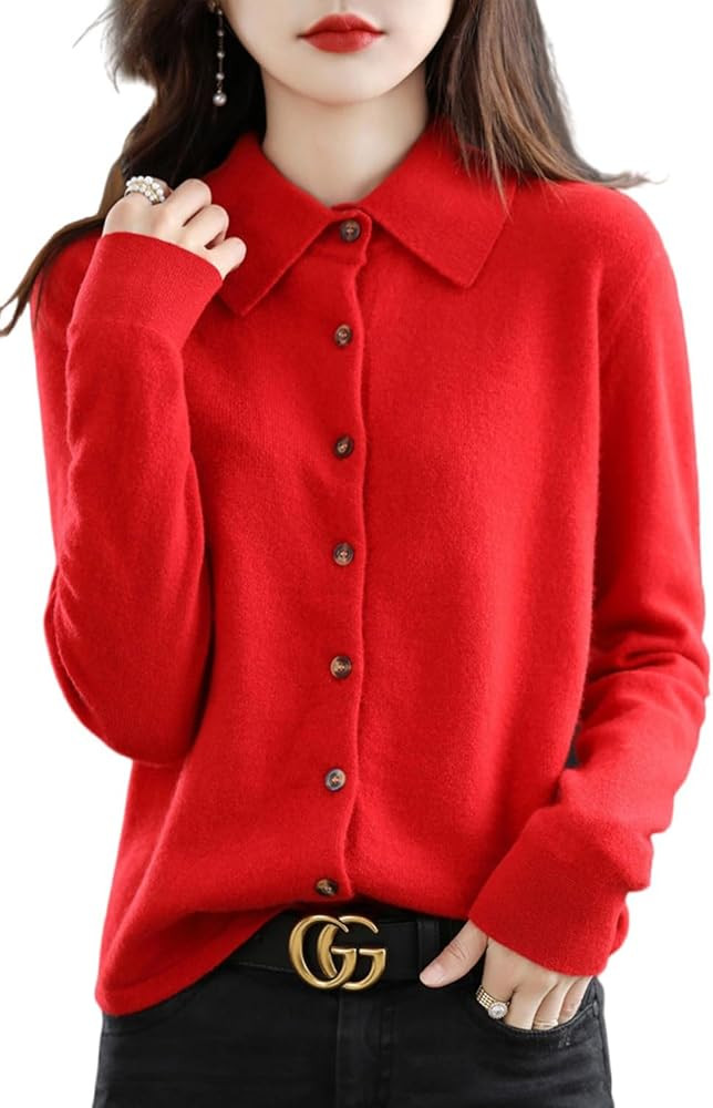 100% Merino Wool Sweaters Women's Fall Winter Warm Soft Knitted Shirt Lapel Polo Collar Cardigan ... | Amazon (US)