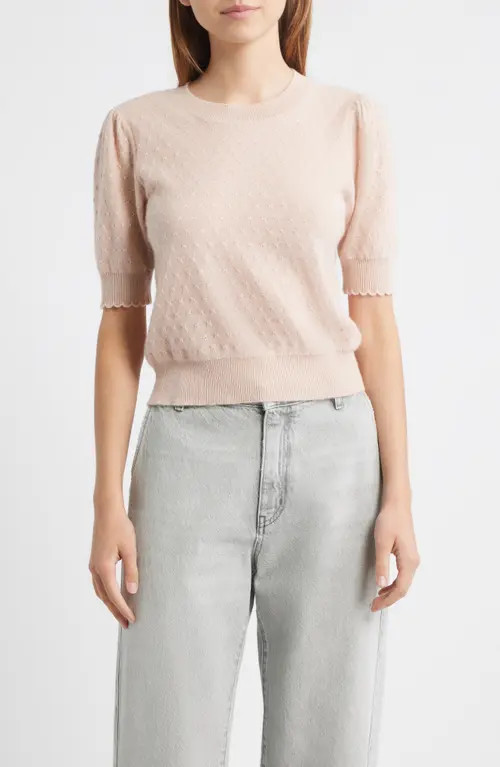 FRAME Puff Sleeve Pointelle Cashmere Sweater in Pink Sand at Nordstrom, Size Large | Nordstrom