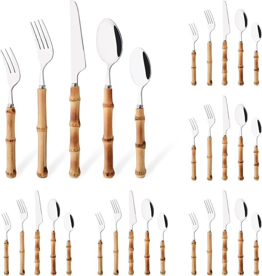30PCS Silverware Set for 6, Bamboo Handle Flatware Set, Stainless Steel Cutlery Set for Home Rest... | Amazon (US)