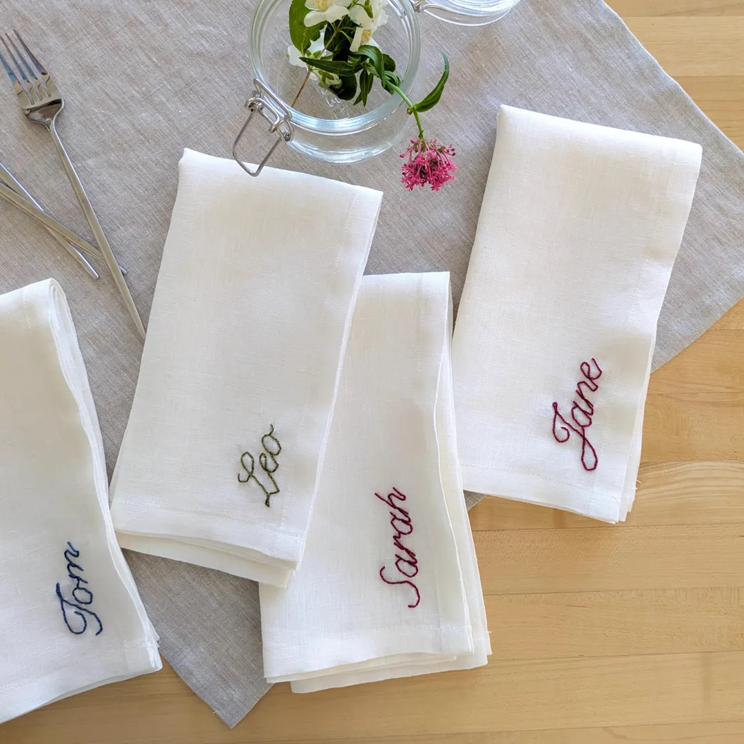 Hand Embroidered Personalized Linen Napkins in Ivory, Bulk Order - Etsy | Etsy (US)