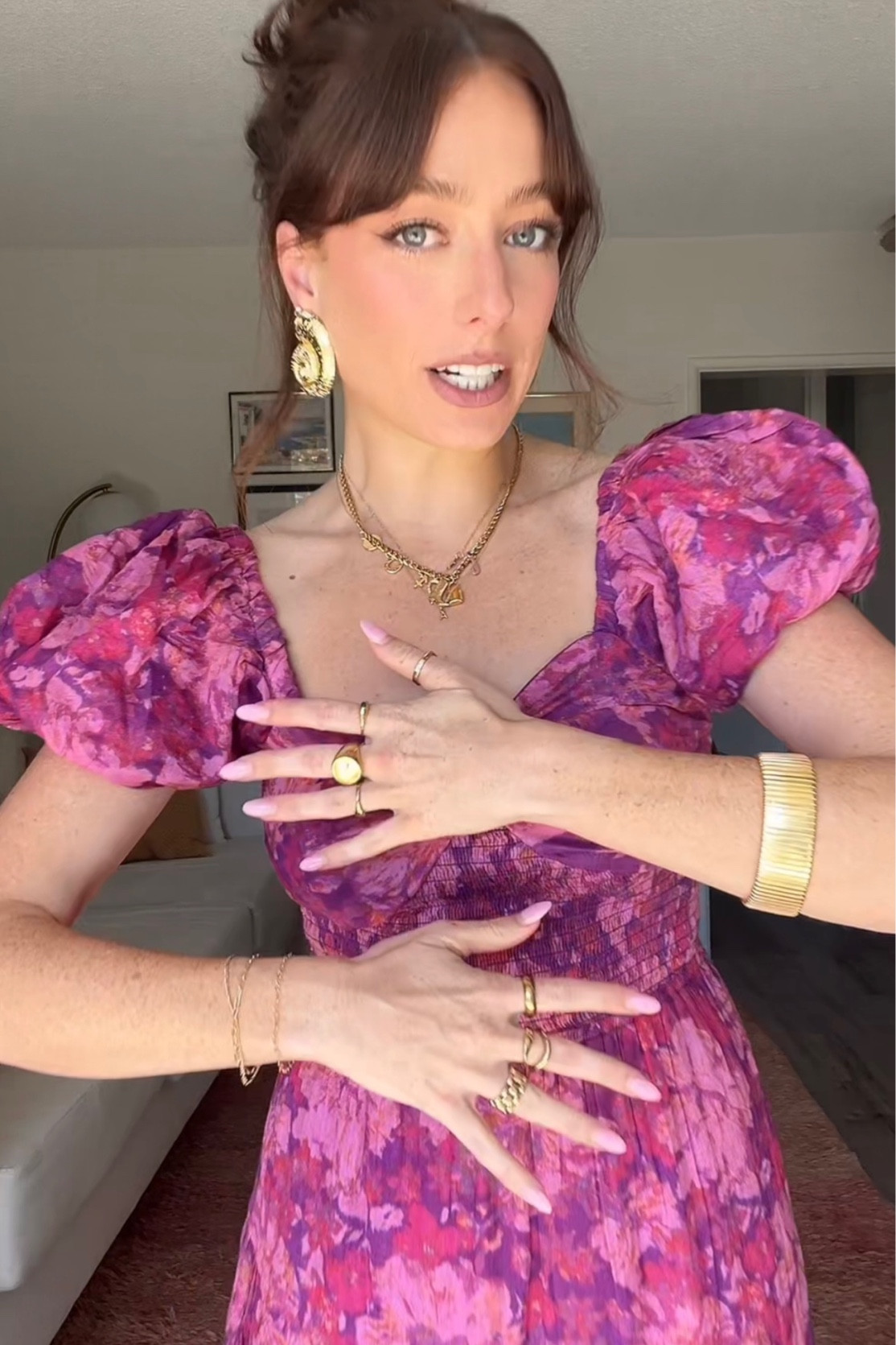 Purple floral maxi, spring dress, seashell earrings