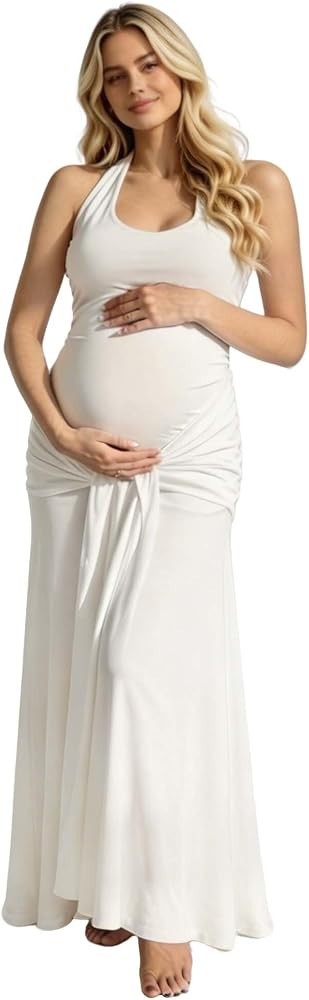 Women's Maternity Halter Maxi Dress White Sexy Backless Bodycon Pregnancy Dress with Front Knot f... | Amazon (US)
