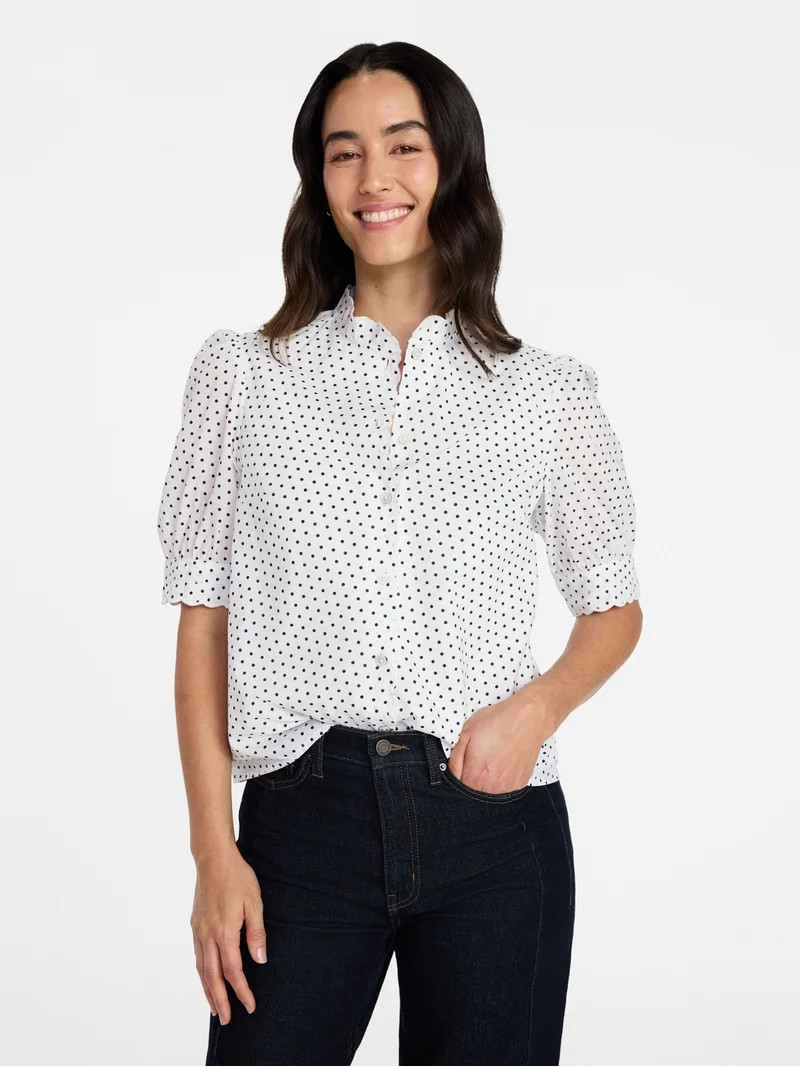 Time and Tru Women's Scallop Trim Cotton Button Down Shirt with Short Sleeves, Sizes XS – XXXL | Walmart (US)