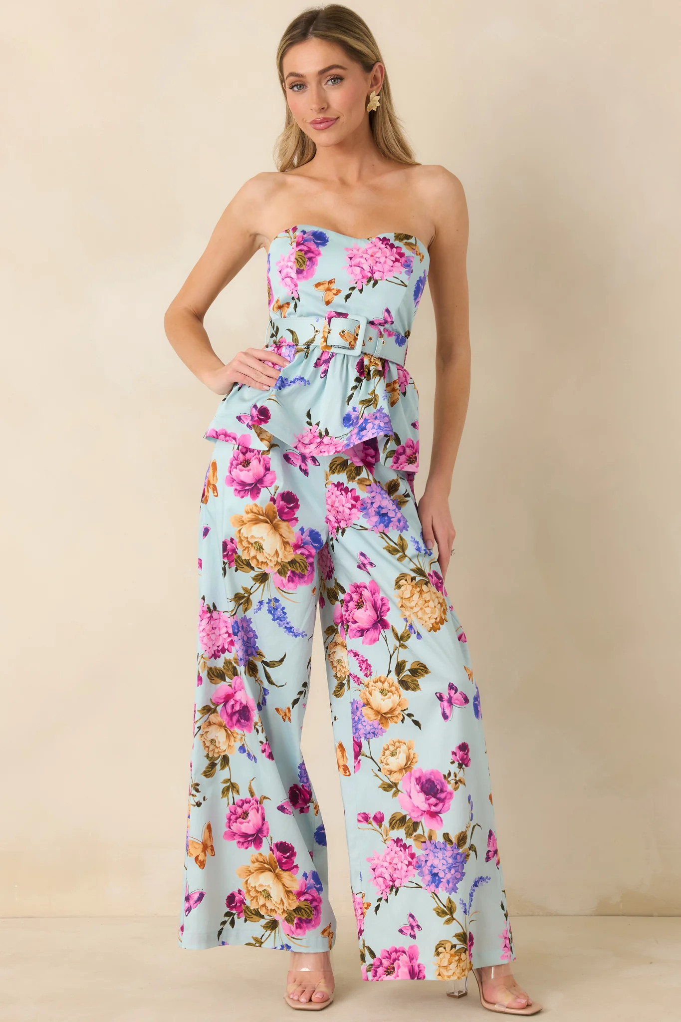 Prosperina Jamie Blue Multi Floral Cotton Strapless Peplum Top | Red Dress