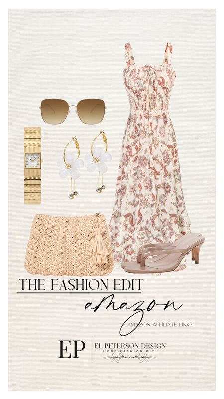Midi dress
Straw purse
Sandals
Earrings 
Sunglasses
Watch

#LTKstyletip