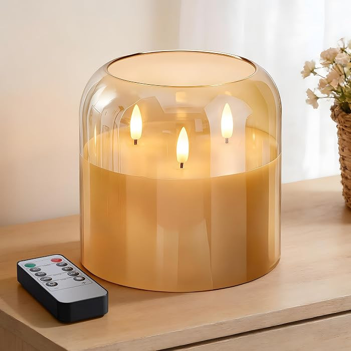 3 Wick Glass Flameless Candle with Remote and Timer, 6"x6" Extra Large Real Wax LED Pillar Candle... | Amazon (US)